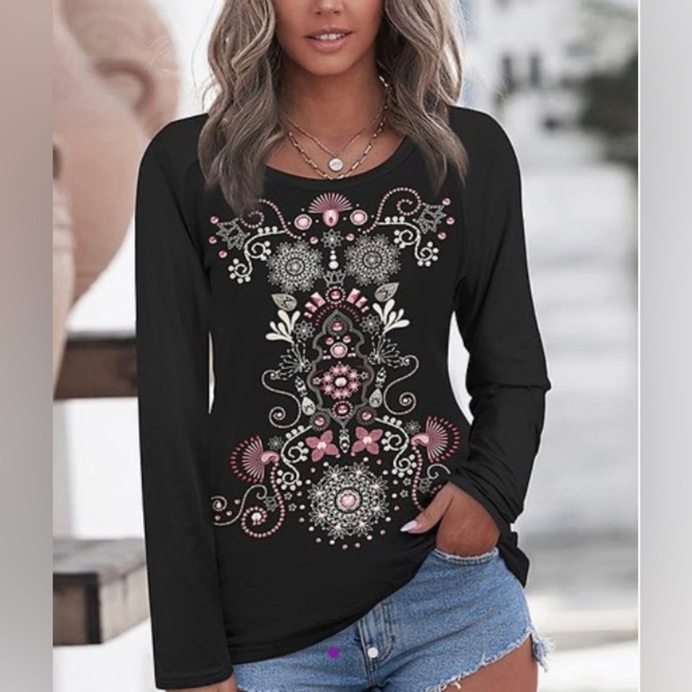 LOVEU DEAR - NEW - Black & Pink Abstract Raglan Top - Women. Large.